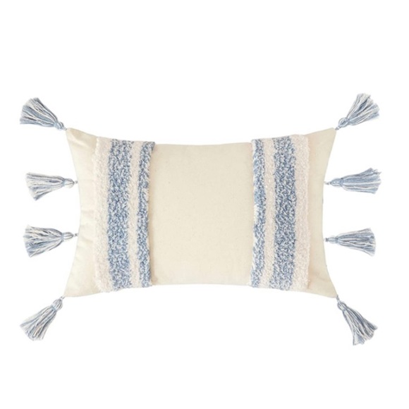 Luxury Home | Boho Chic Blue & White Tufted Woven Tassel Lumbar Pillow Cover - Picture 7 of 7